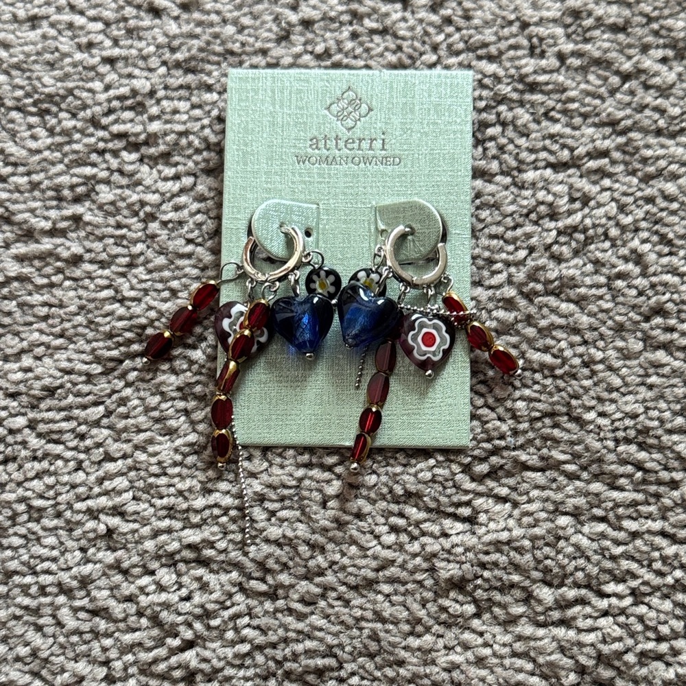 Atterri Multicolor Glass Beaded Charm Dangle Earrings Heart Floral Boho NWT